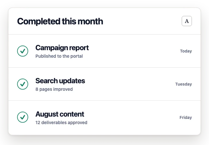 Acme's portal showing a campaign report, search updates, and August content completed