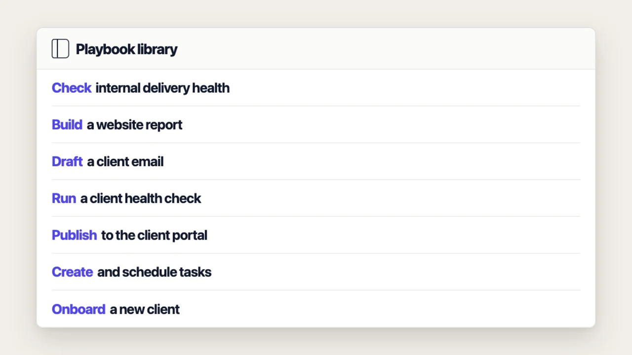 A playbook library listing seven recurring agency tasks