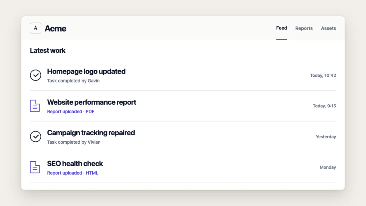 Acme's client portal feed showing completed tasks and uploaded reports