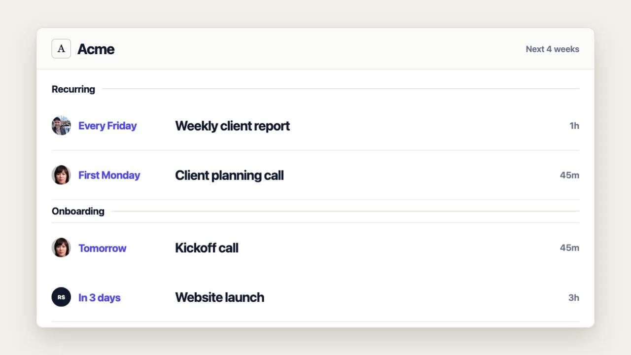 Acme's recurring and onboarding work scheduled with owners and time estimates
