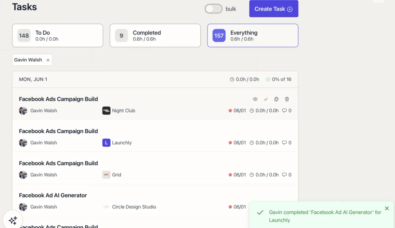 Task list with owners, clients, and due dates