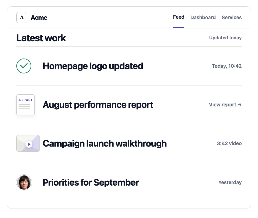 Acme's Portal Feed showing a completed task, monthly report, client walkthrough, and agency update