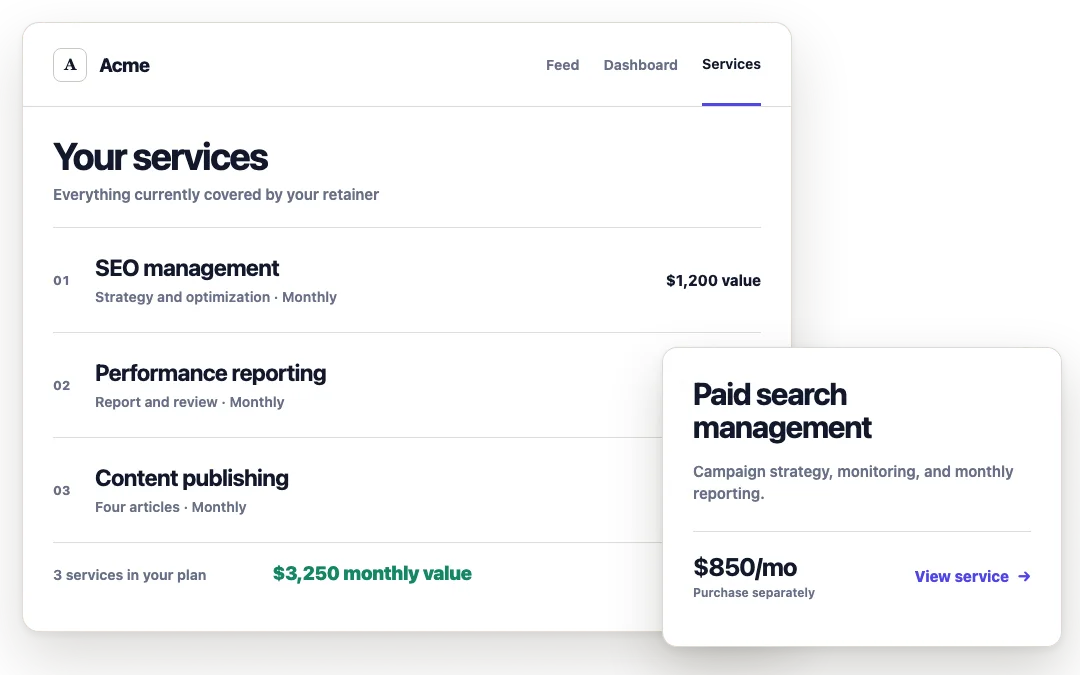 Acme's Portal showing services covered by the retainer and paid search management available to purchase