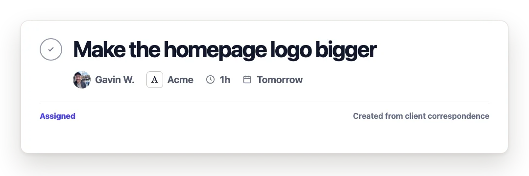 An assigned task to make the Acme homepage logo bigger, owned by Gavin and due tomorrow