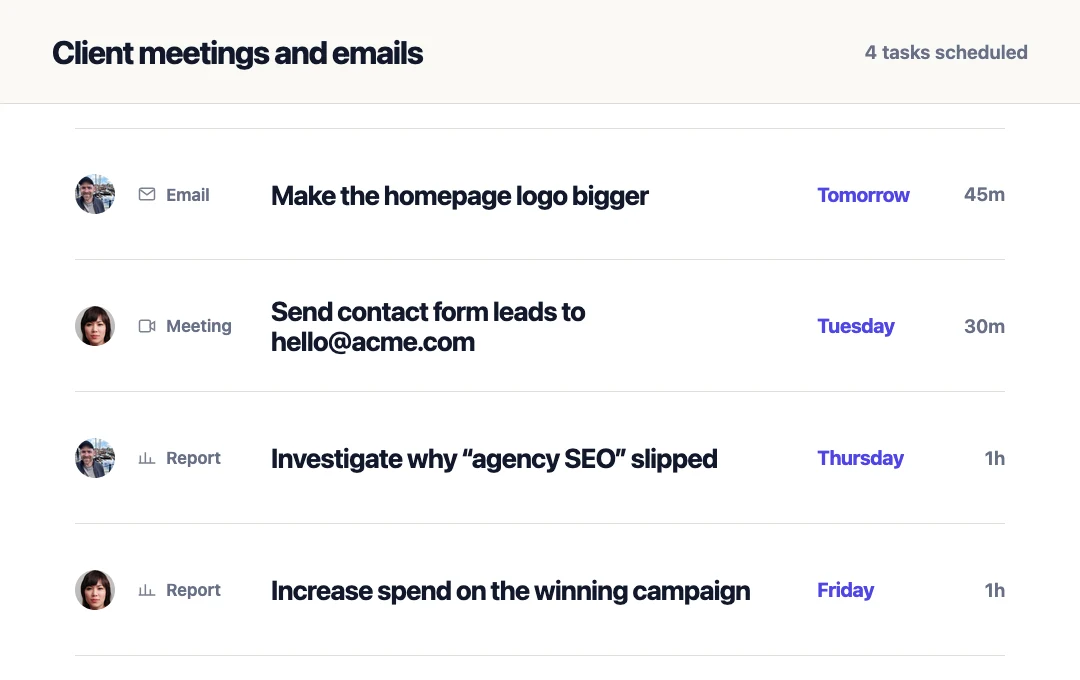 Client meetings, email, and report findings scheduled as assigned tasks