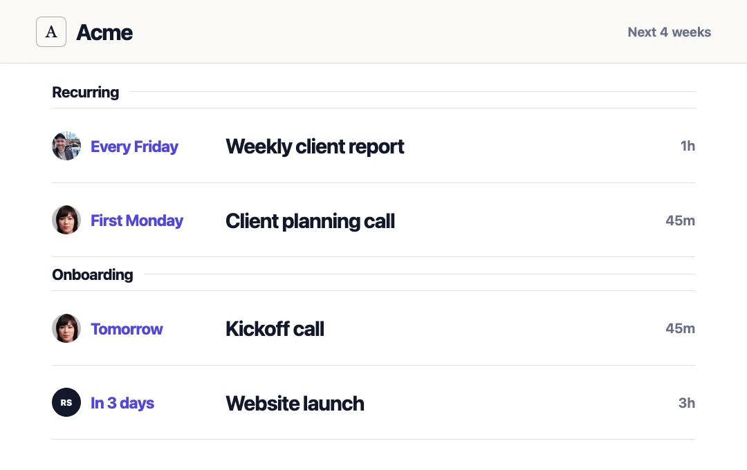 A client's onboarding and recurring work scheduled over the next four weeks